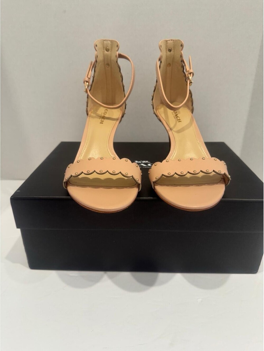 Coach “Monica Rivets” Soft Shine Calf Leather Sandals—Petal Pink /Nude| 6.5B